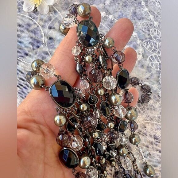 Multi-Layered Black Gunmetal & Silver Multi-strand Beaded Waterfall Necklace - Picture 6 of 12